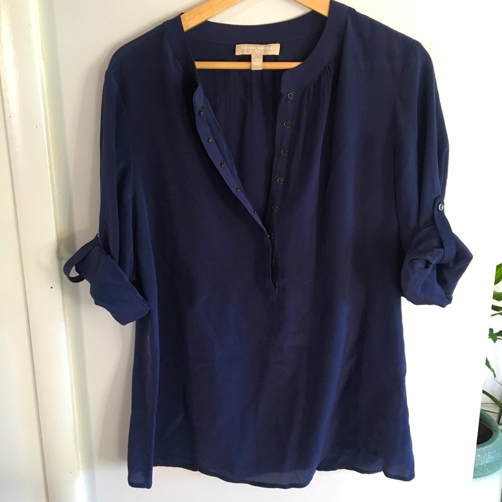 Banana Republic Silk Navy Hook and Eye Blouse